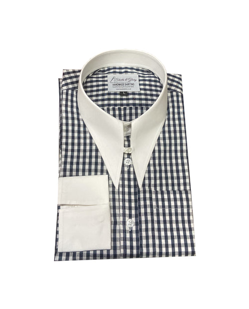 Men’s Navy & White Gingham Check Contrast Collar Dress Shirt